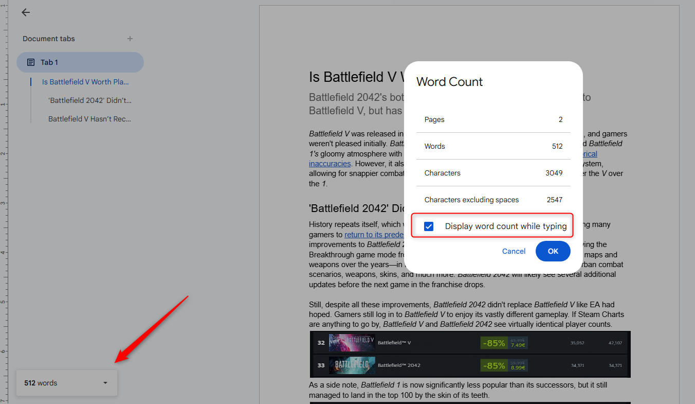 Displaying the word count in Google Docs.