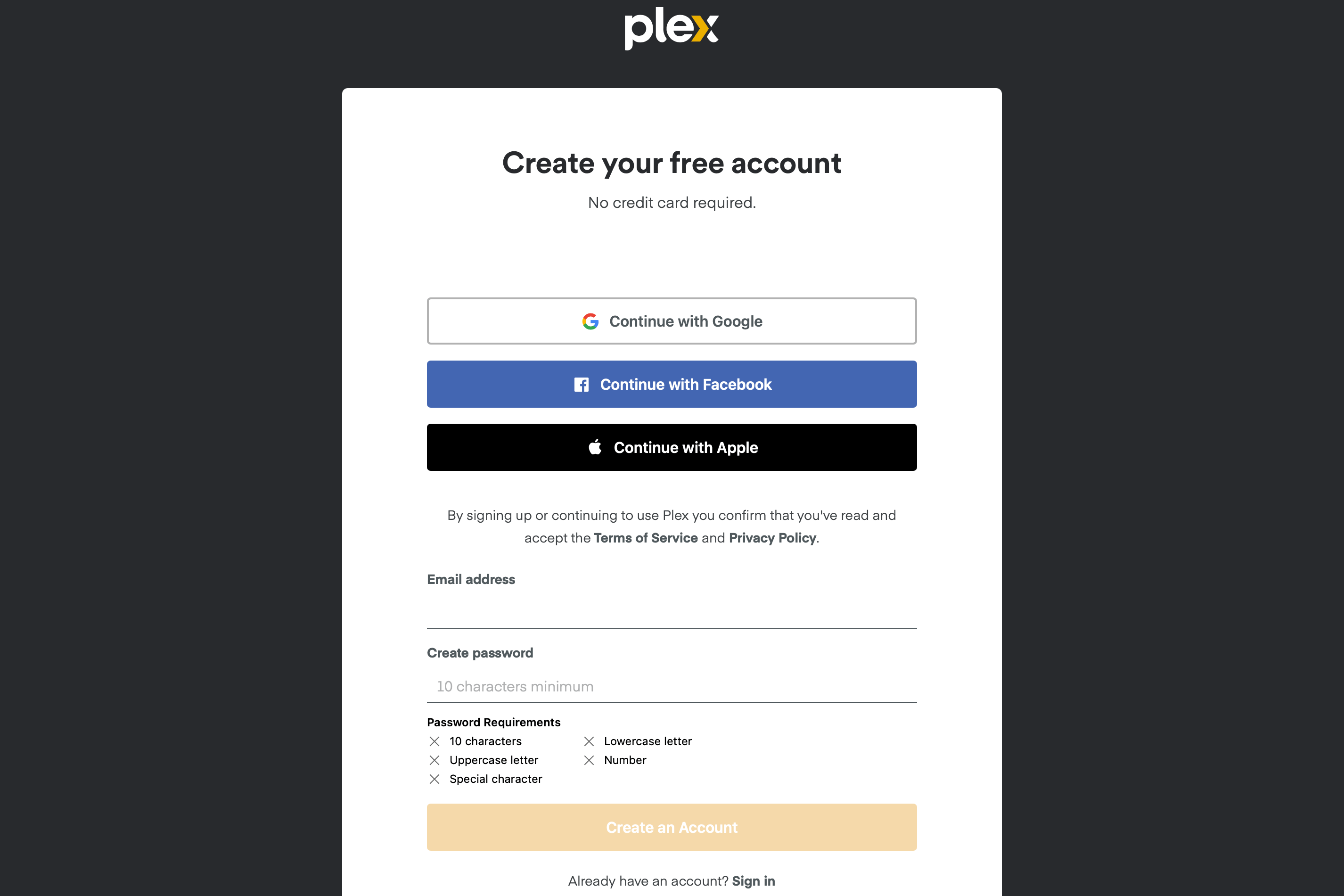 Plex Login Page.