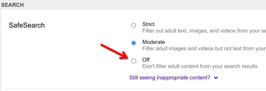 Red arrow pointing to SafeSearch's off button in Bing settings.