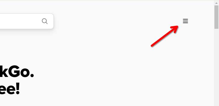 Red arrow pointing to the hamburger menu in DuckDuckGo's website.