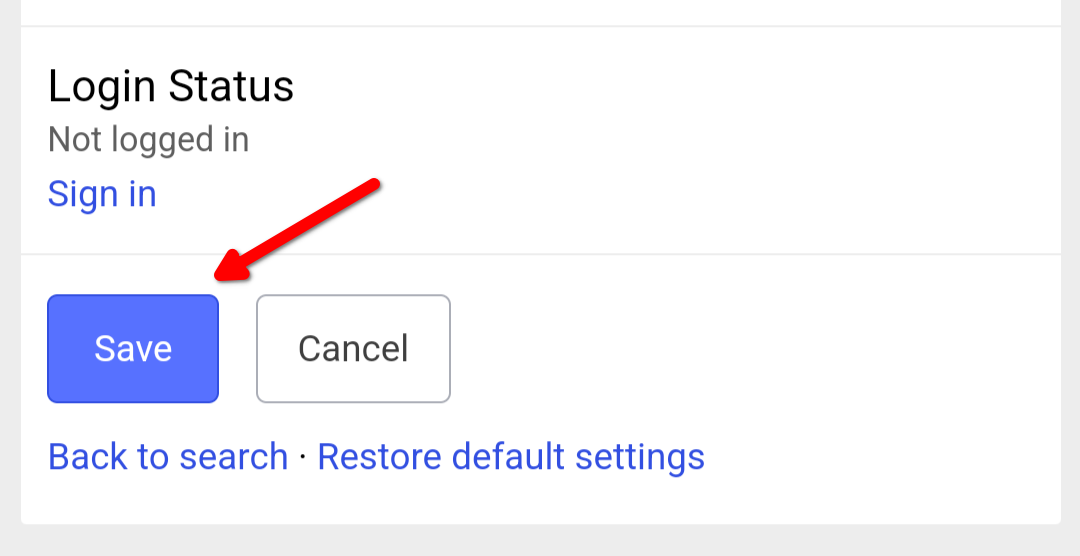 Red arrow pointing to the 'Save' button in Yahoo search settings.