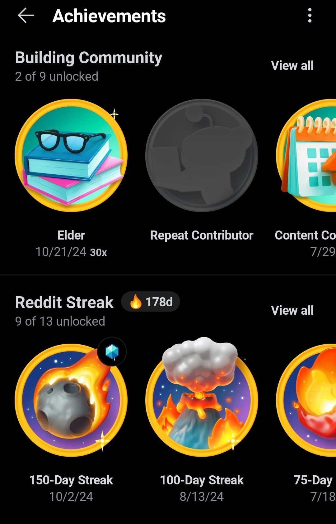 A screenshot showing Reddit achievements. 