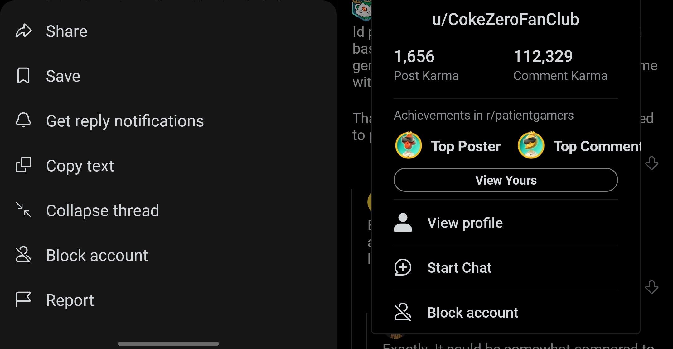 The option to block individual comments in the official Reddit app. 