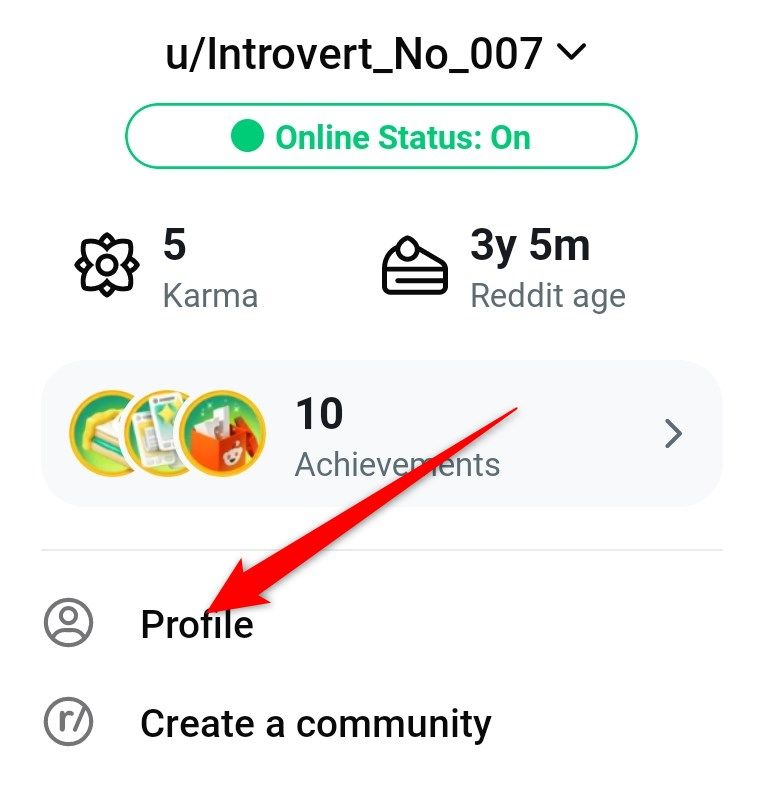 Reddit profile menu on mobile