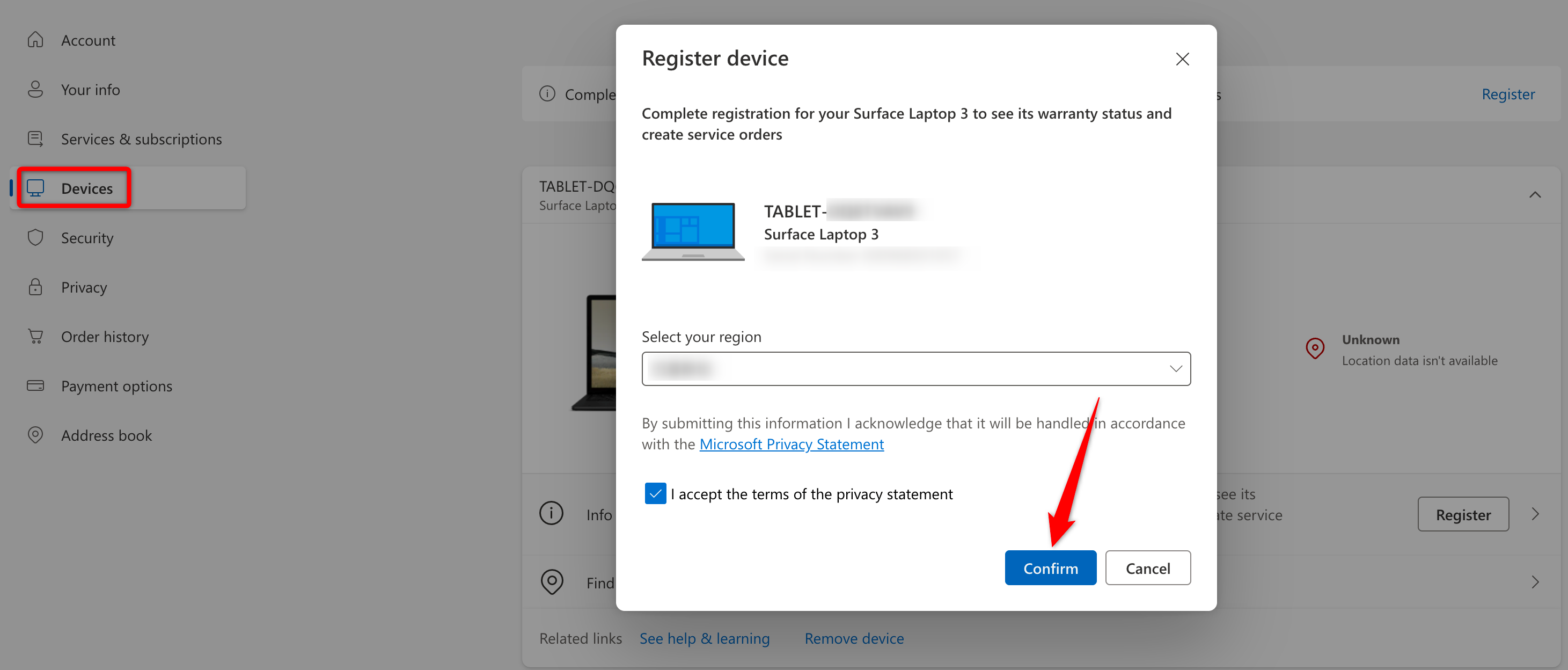 Registering a Surface Device on the Microsoft official website.