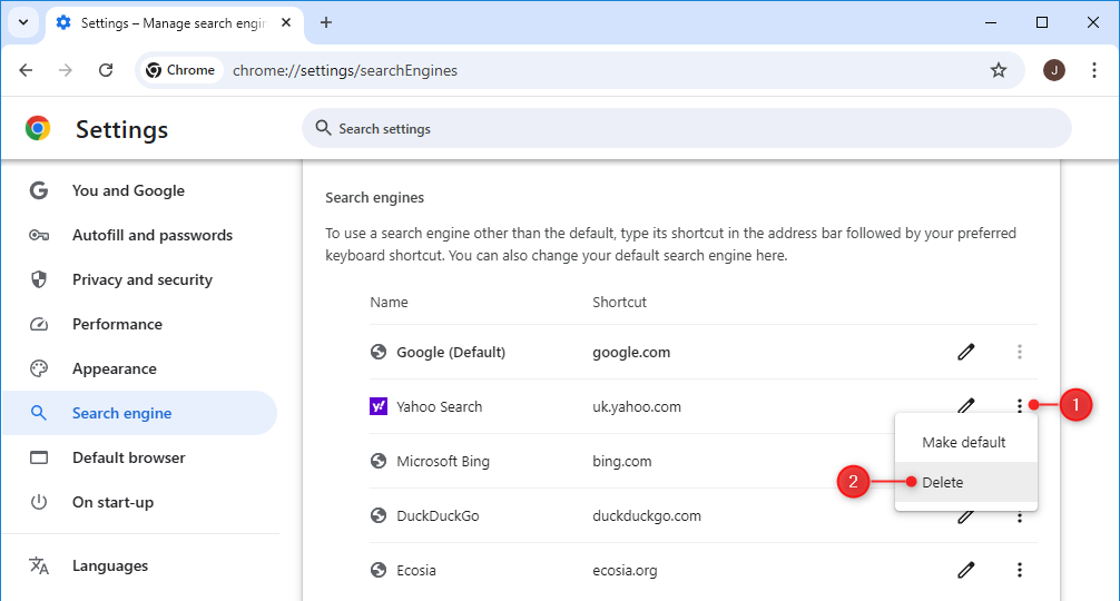 Removing a search engine in Google Chrome on desktop.