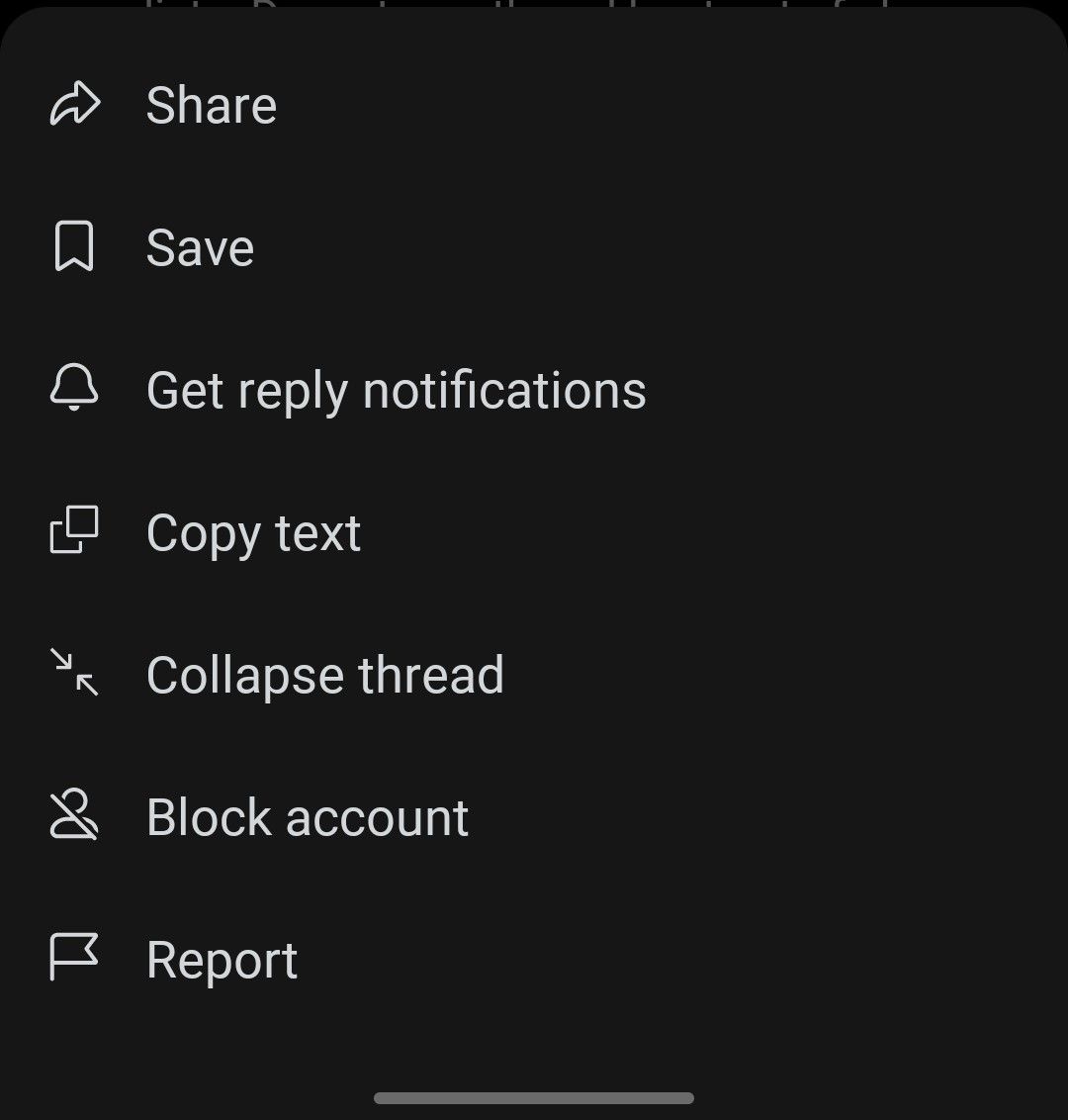 A screenshot of the Reddit app showing the comment context menu. 