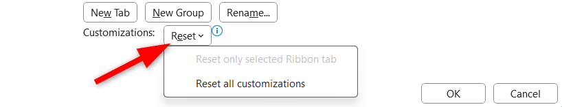 Resetting all customization settings of Ribbon in Microsoft Word.