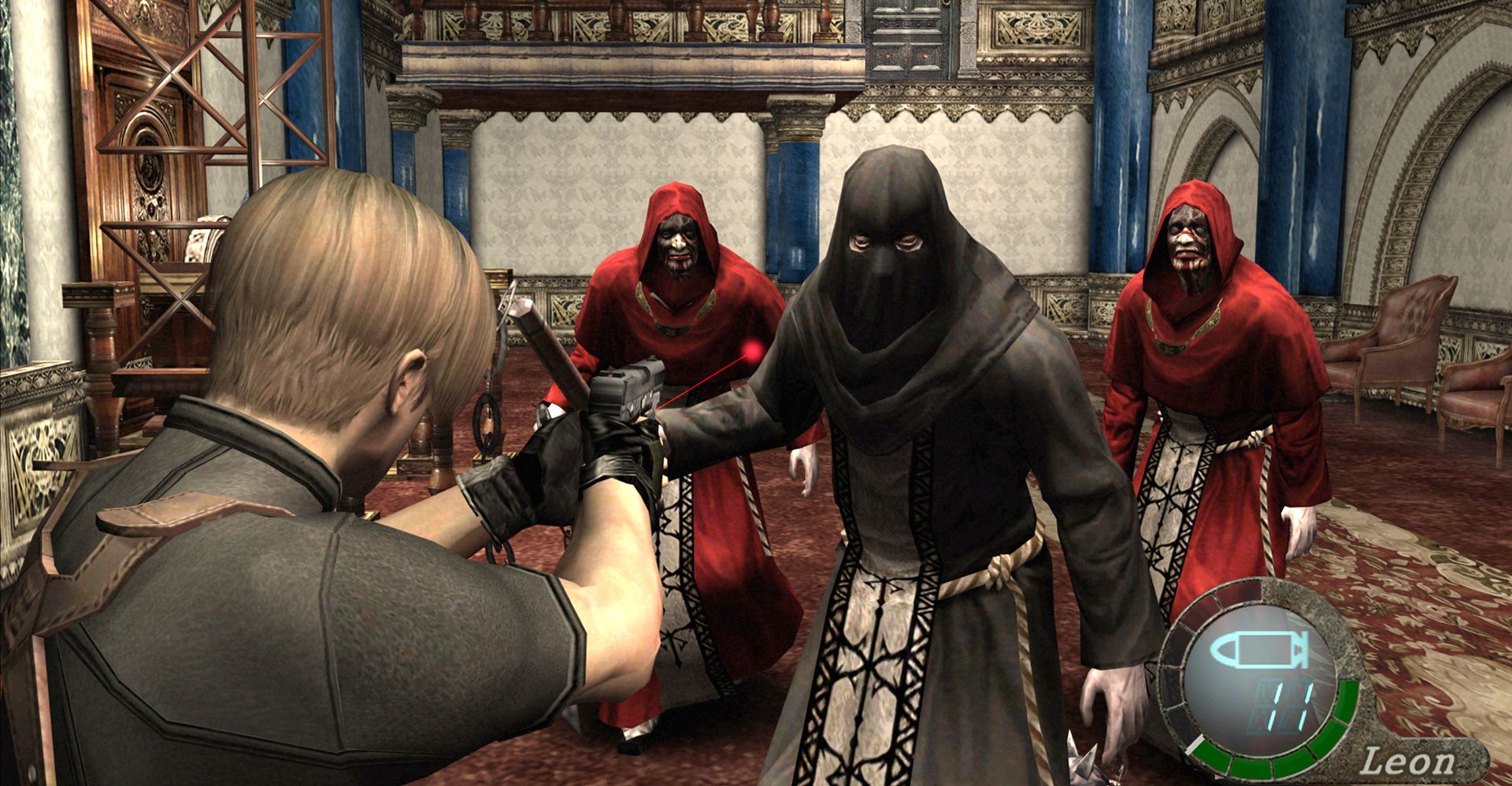 Leon fighting cultists in Resident Evil 4.