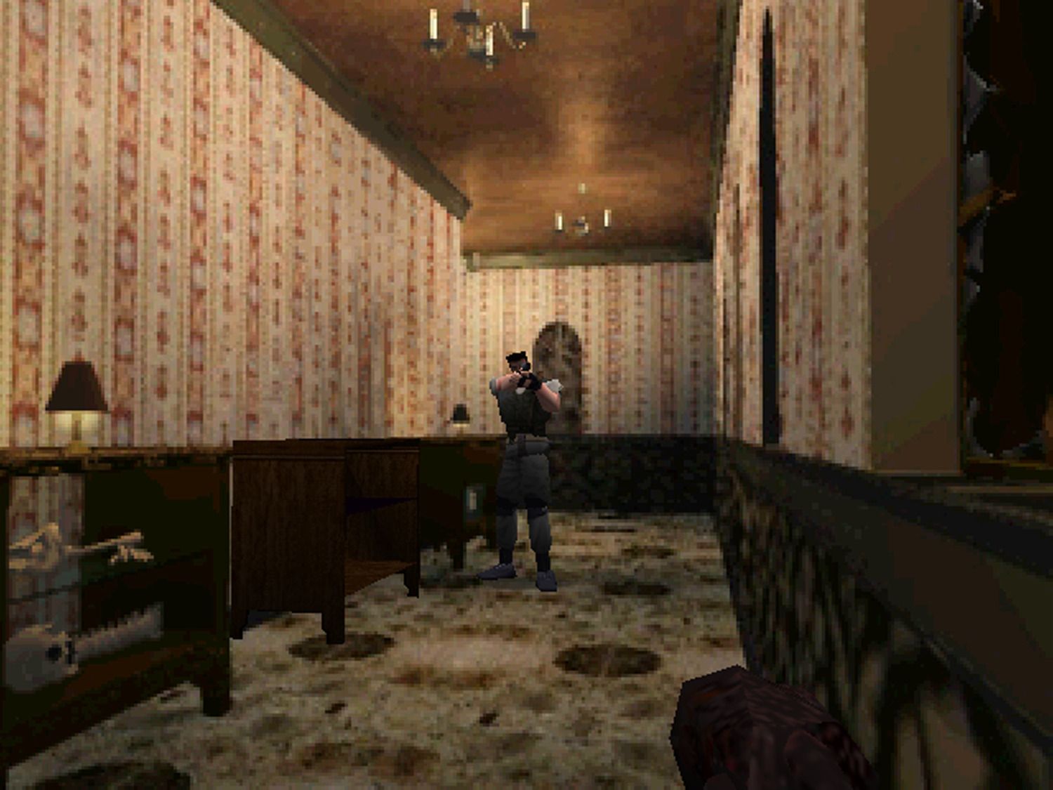 Chris Redfield in the L-shaped corridor from Resident Evil.