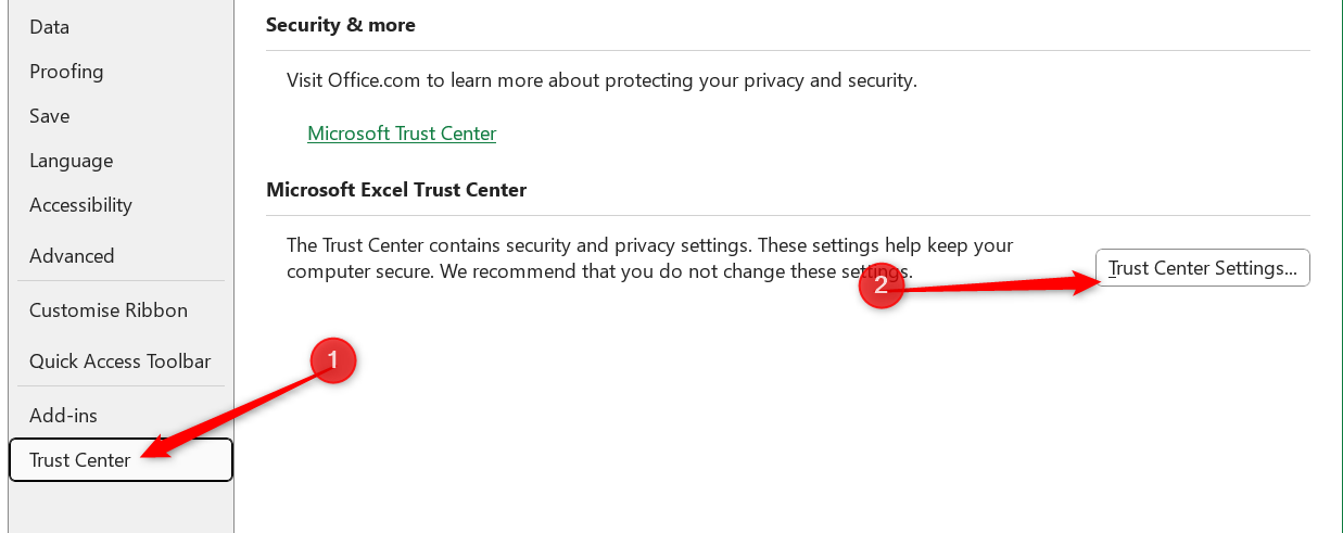 The trust center in Excel