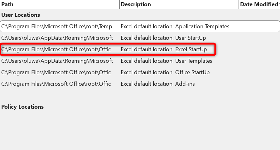 The trusted locations in Excel