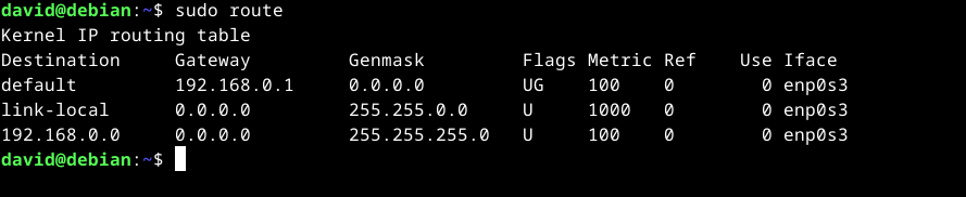 Output of route command showing routing table in the Linux terminal.