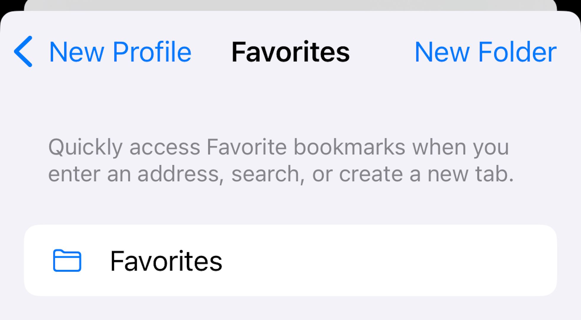 Favorites folder options for Safari profiles on iPhone.