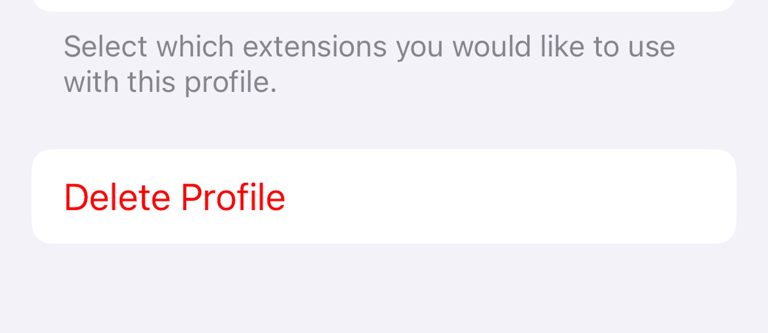 Delete Profile button in Safari app settings on an iPhone.