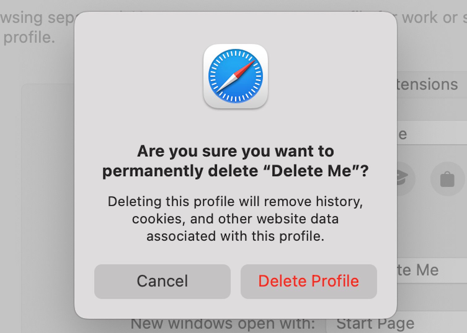 Delete Profile confirmation pop-up on a Mac.