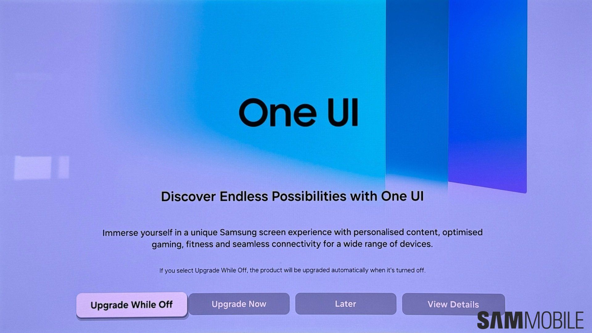 The One UI update screen on a Samsung smart TV.