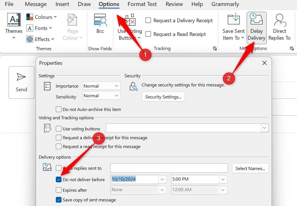 Scheduling an email in Outlook.