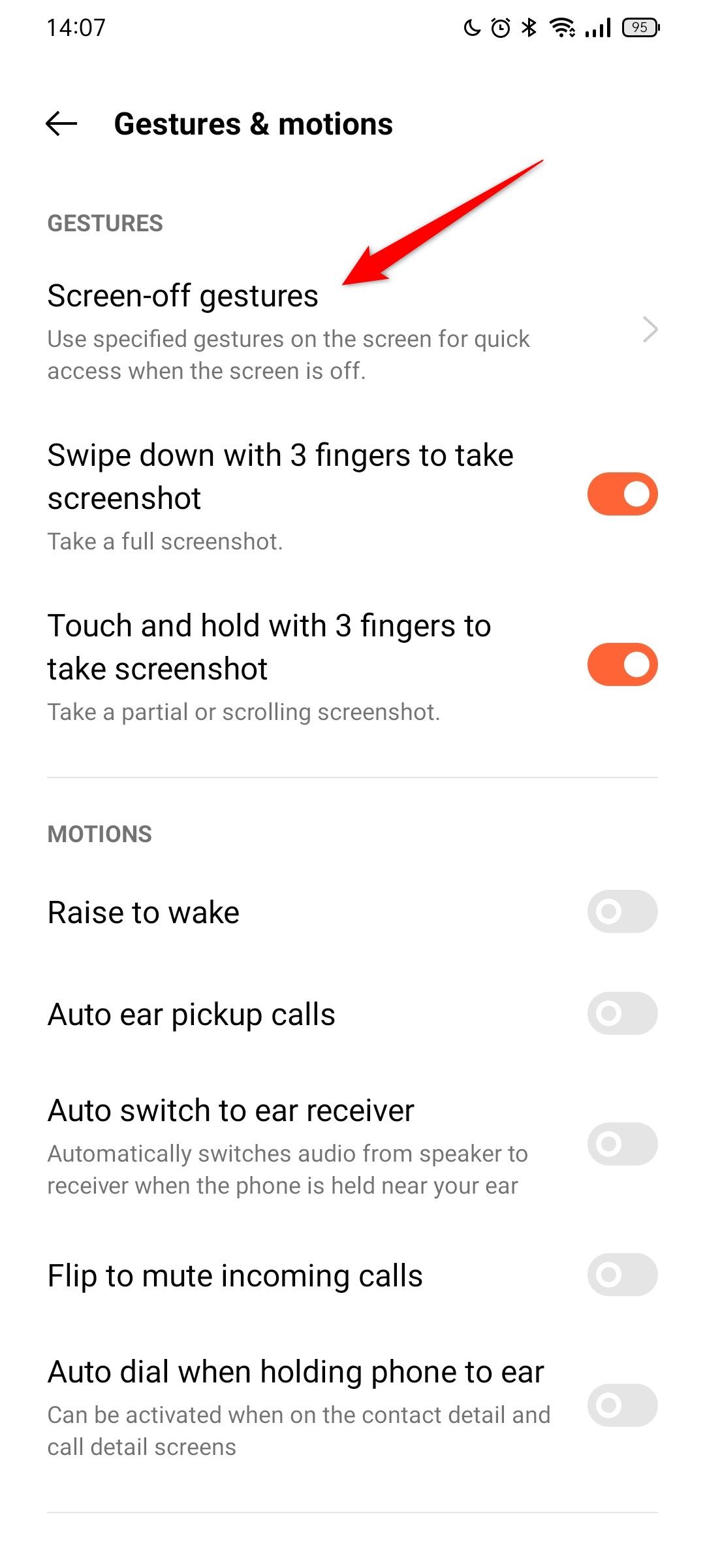 The Gestures menu on an Android phone.