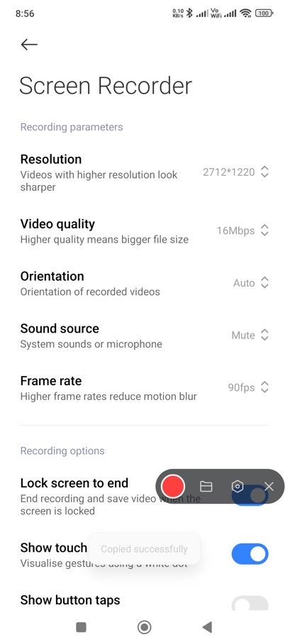 Screen Recorder settings menu.