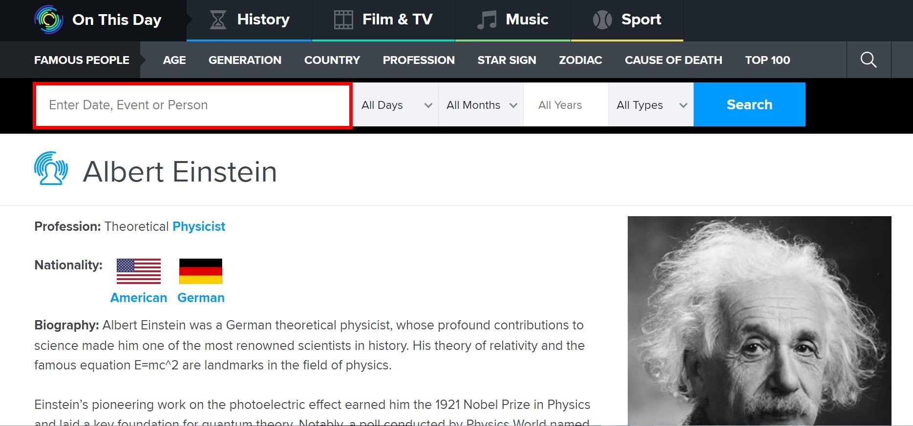 Search bar for onthisday with Einstein below. 