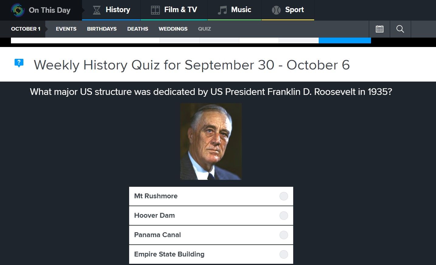 Quiz section on onthisday website.