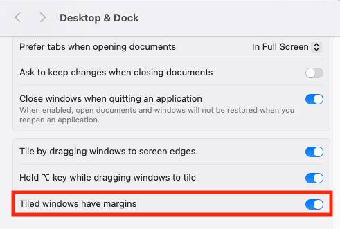 Window tiling margins toggler in macOS Sequioa.