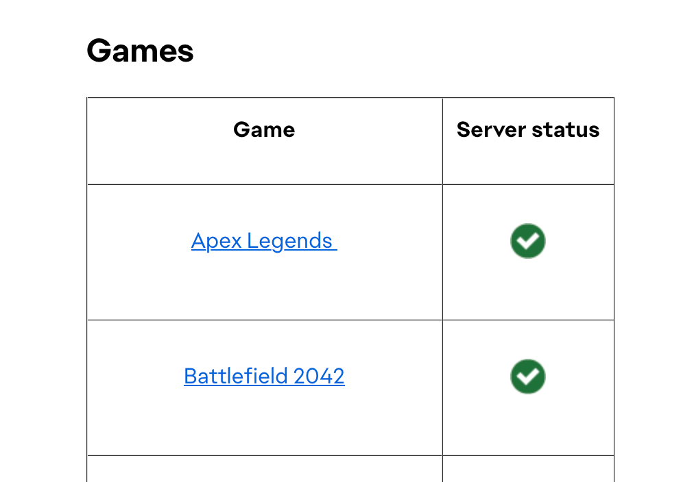 EA server status page for Apex Legends and other games.