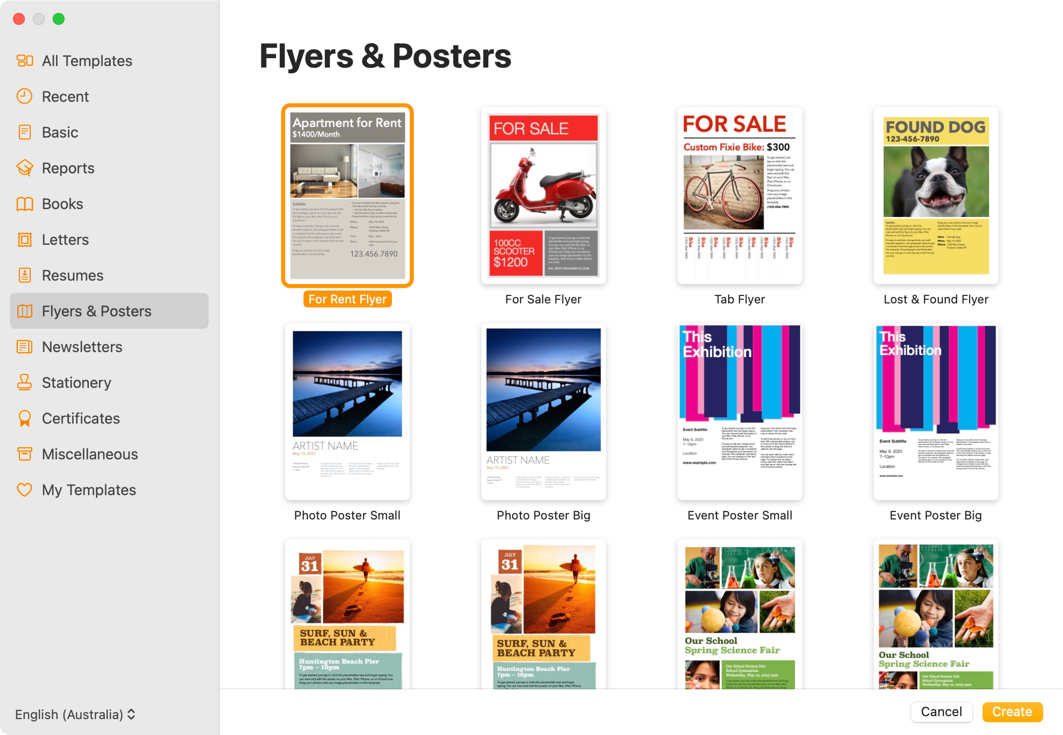 Some of the flyers and posters templates in Apple Pages.