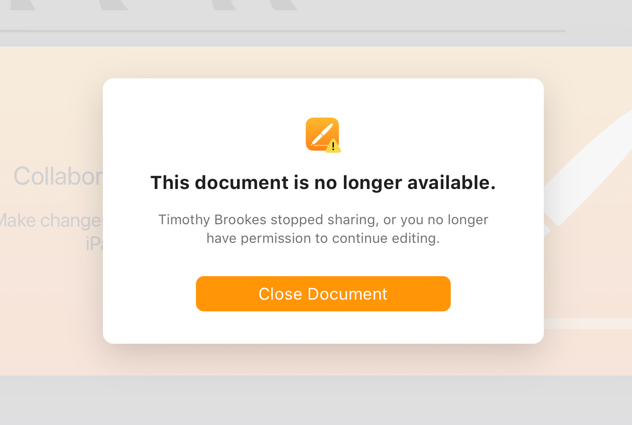 An iCloud error warning that a document is no longer available.