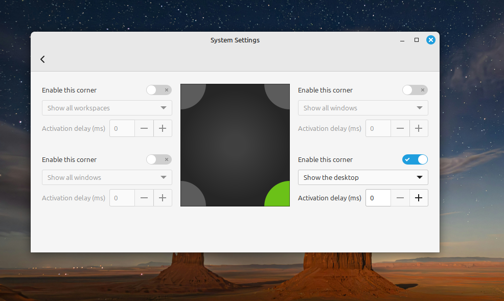 Hot corners menu on Linux Mint.