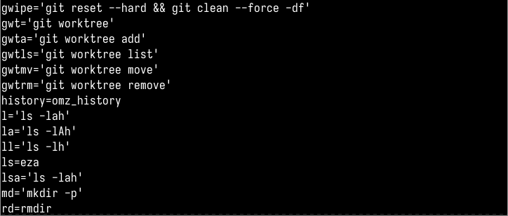 Screenshot of aliases on Debian 12 bookworm running oh-my-zsh.