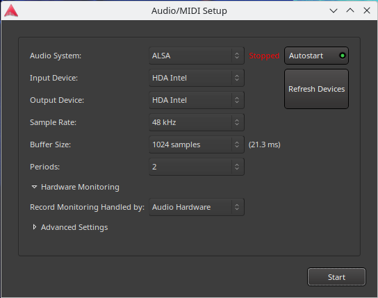 Screenshot of Ardour audio device setup.