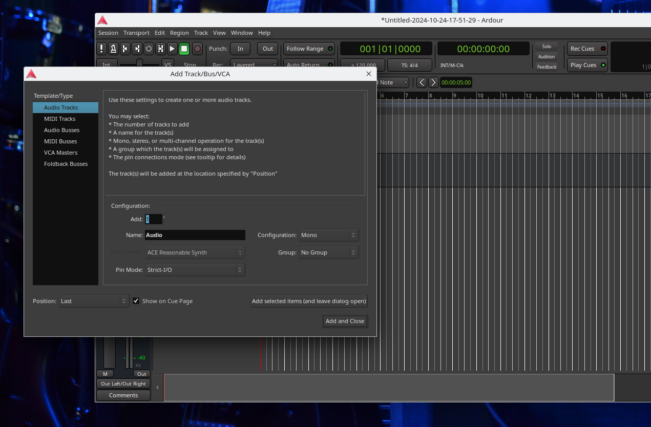 Screenshot showing adding an audio track in the Ardour DAW.