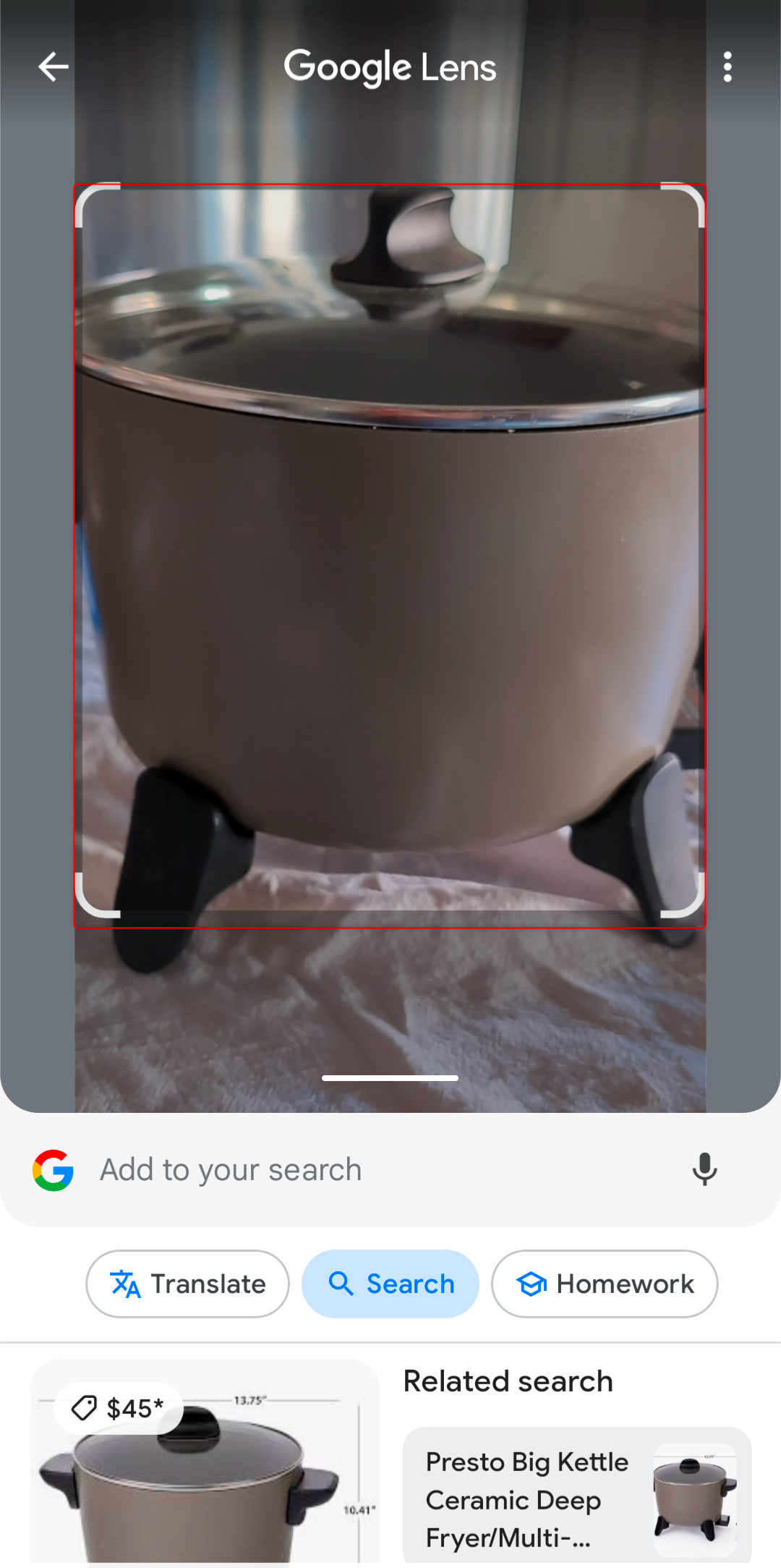 Presto deep fryer being searched on Google Lens