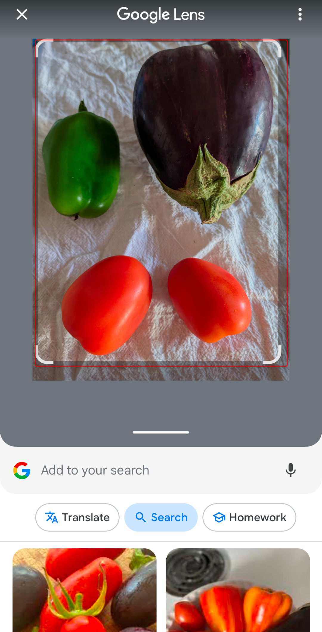 Various produce being searched on Google Lens