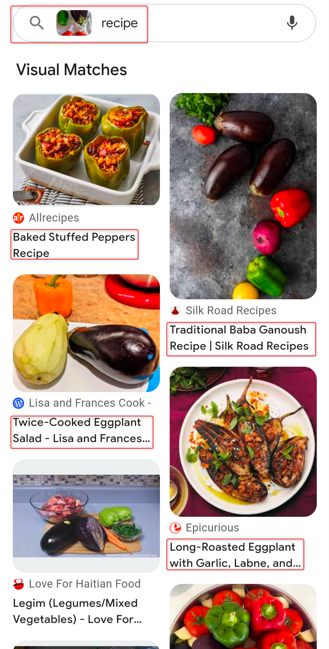 Google Lens search results for recipes of produce