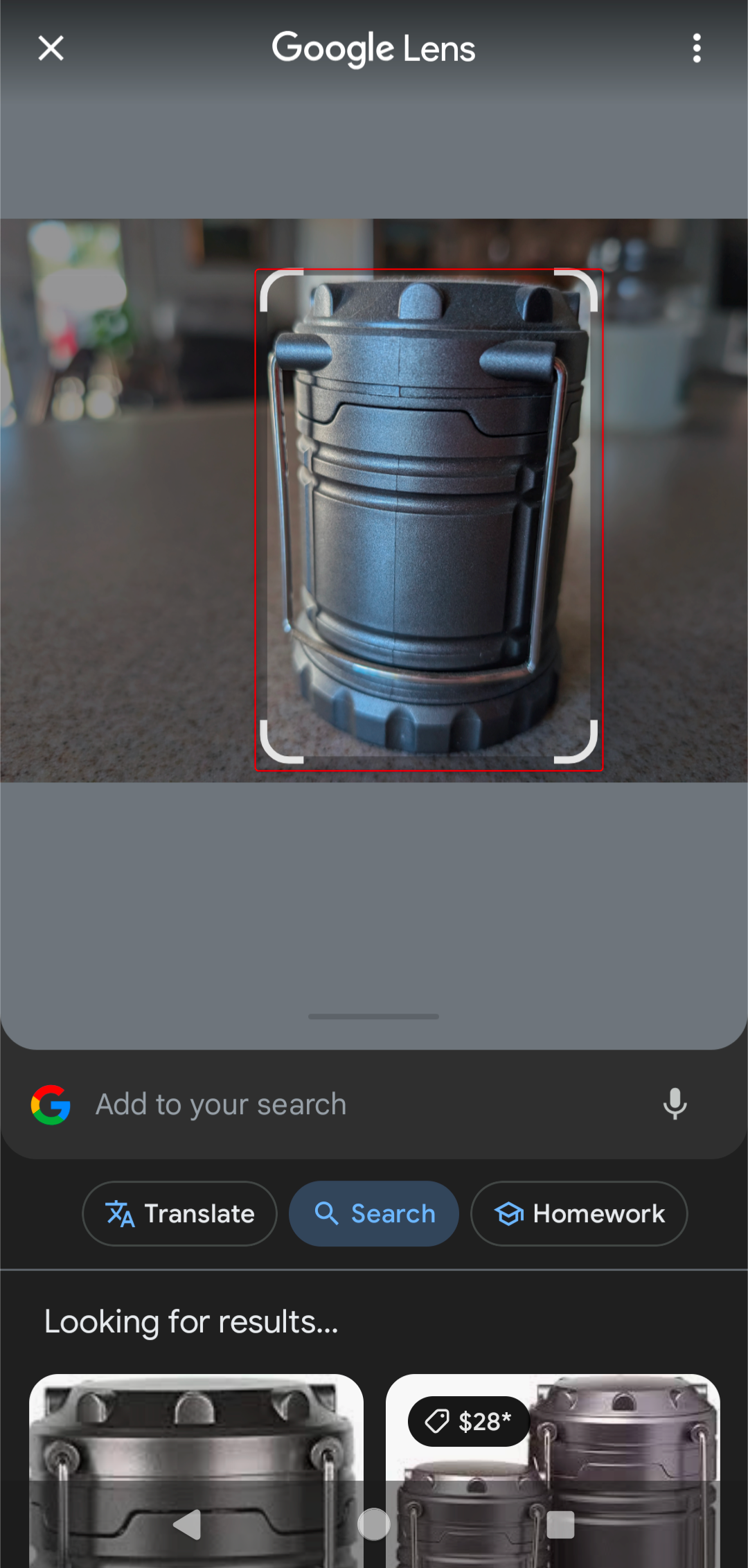 Camping lantern being searched on Google Lens