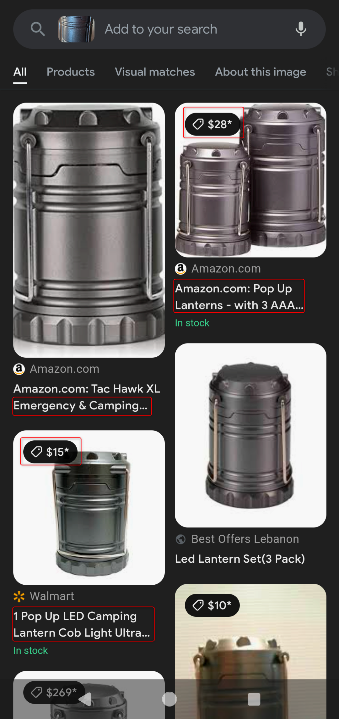 Search results of camping lantern on Google Lens