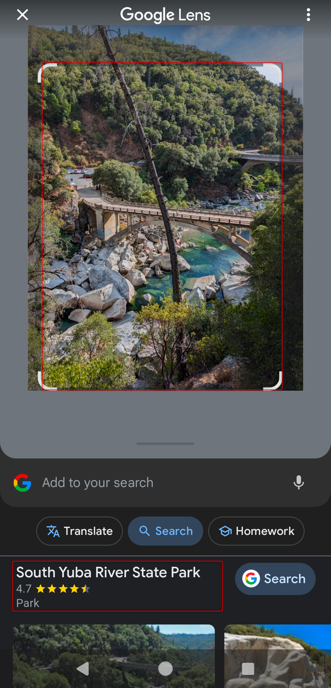 South Yuba State Park being searched on Google Lens