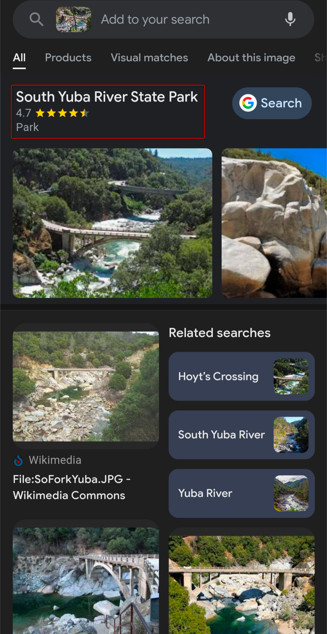 South Yuba River State Park search results on Google Lens