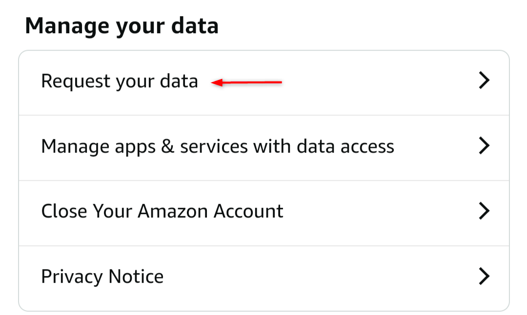 Opção ‘Solicite seus dados’ nas configurações do aplicativo Amazon.