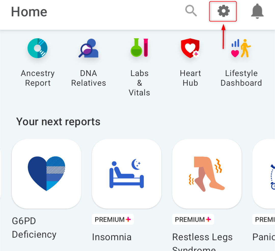 Home screen of 23andMe app pointing to settings icon