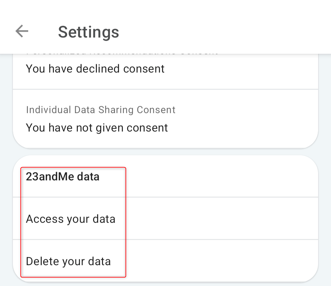 23andMe settings page on app highlighting area to access or delete your data