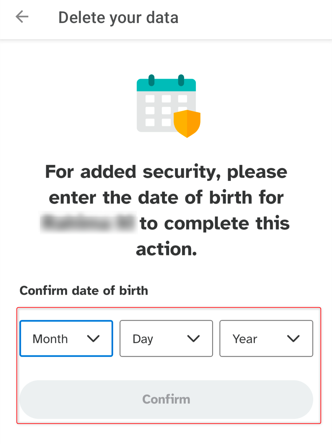 23andMe app message in settings to confirm date of birth to delete data 