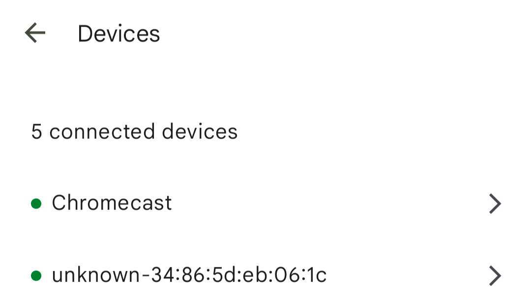 Google Fiber mobile app showing a list of connected devices on a Wi-Fi network.