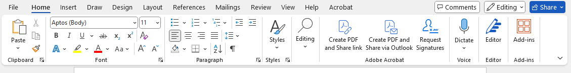 A screenshot of the toolbar or ribbon of menus that runs across Microsoft Word.