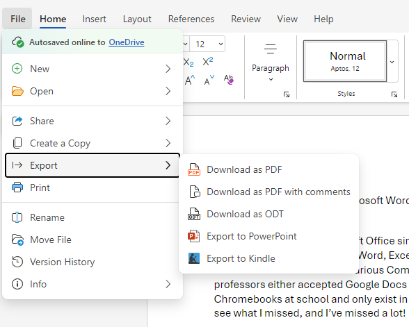 A screenshot of the Microsoft Word Web app menus.