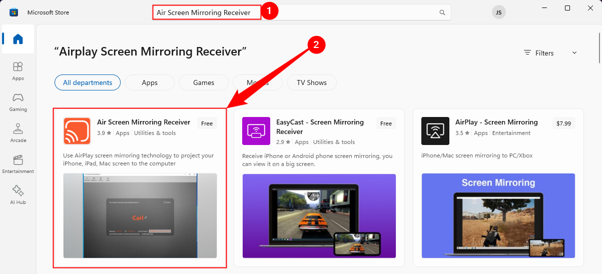 Searching 'Air Screen Mirroring Receiver' in the Microsoft Store, then click the first result.