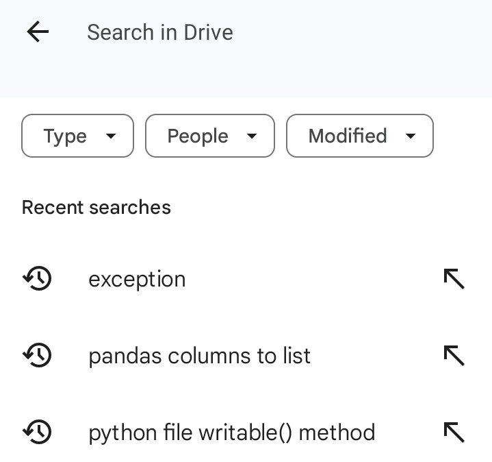 Searching in Drive using quick filters.